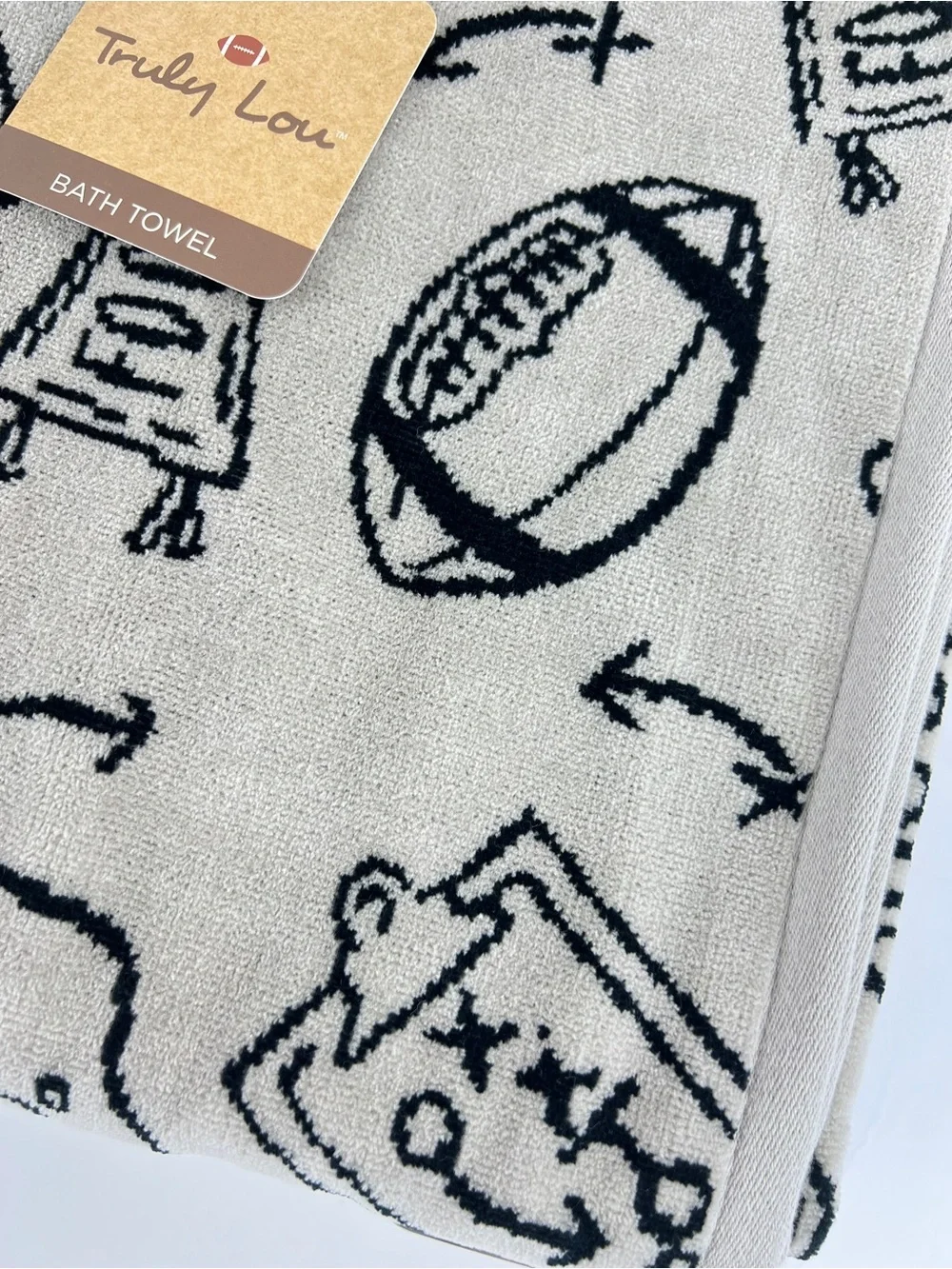 Truly Lou Bath Towels Fun Football Design Black Tan Soft Velour Cotton 6 Pc NEW